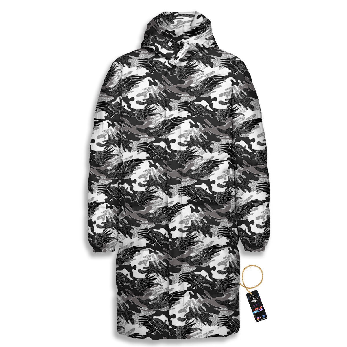 Camouflage Black Wings Print Pattern Long Down Jacket-grizzshop