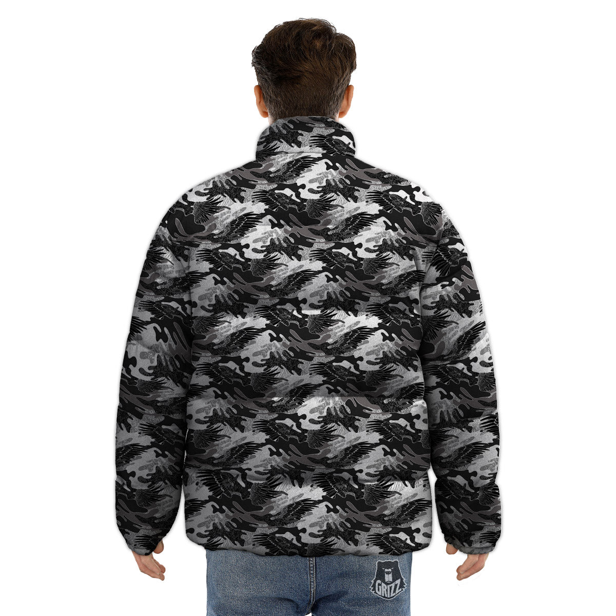 Camouflage Black Wings Print Pattern Puffer Jacket-grizzshop