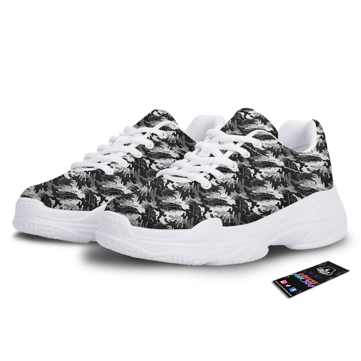 Camouflage Black Wings Print Pattern White Chunky Shoes-grizzshop