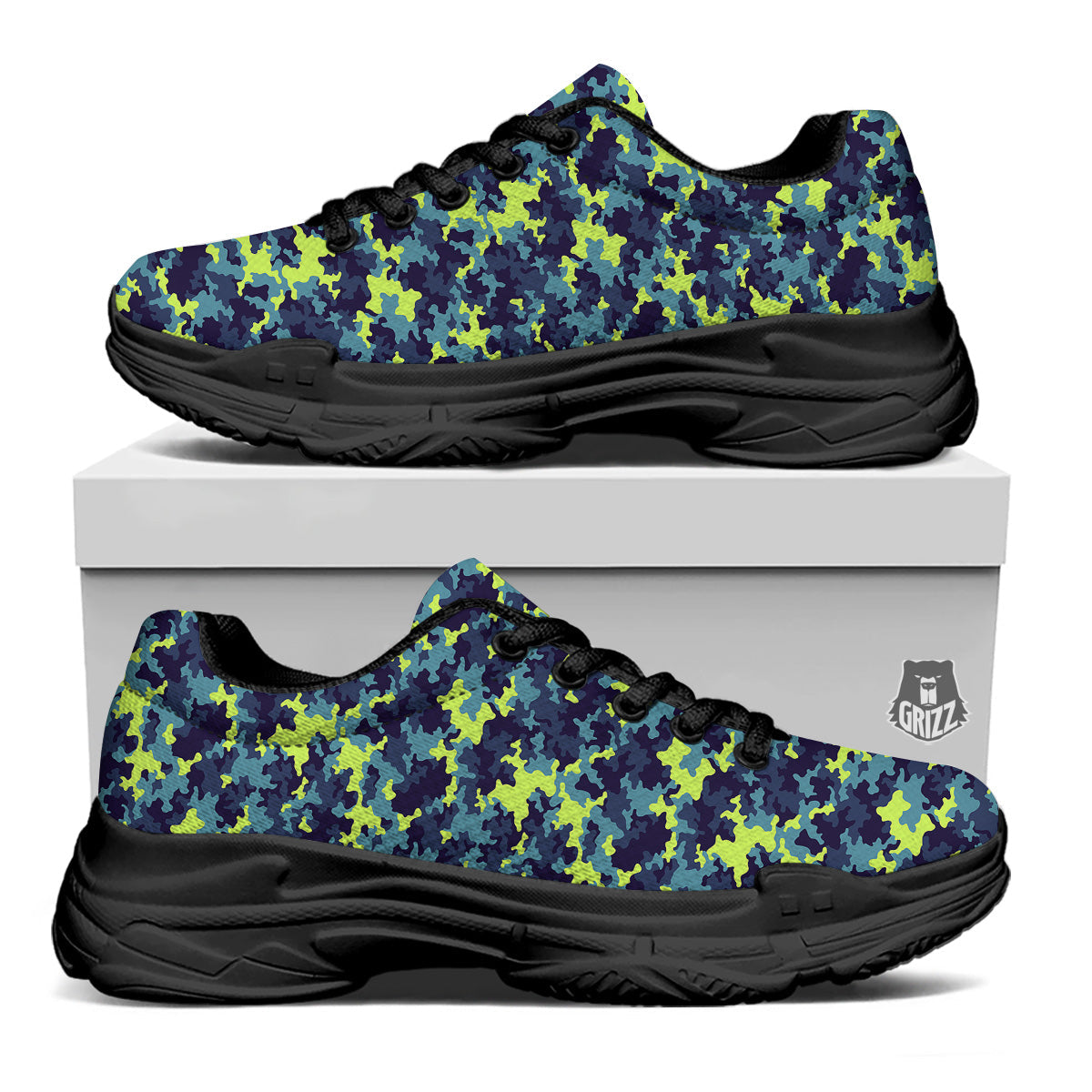 Camouflage Blue And Neon Green Print Pattern Black Chunky Shoes-grizzshop