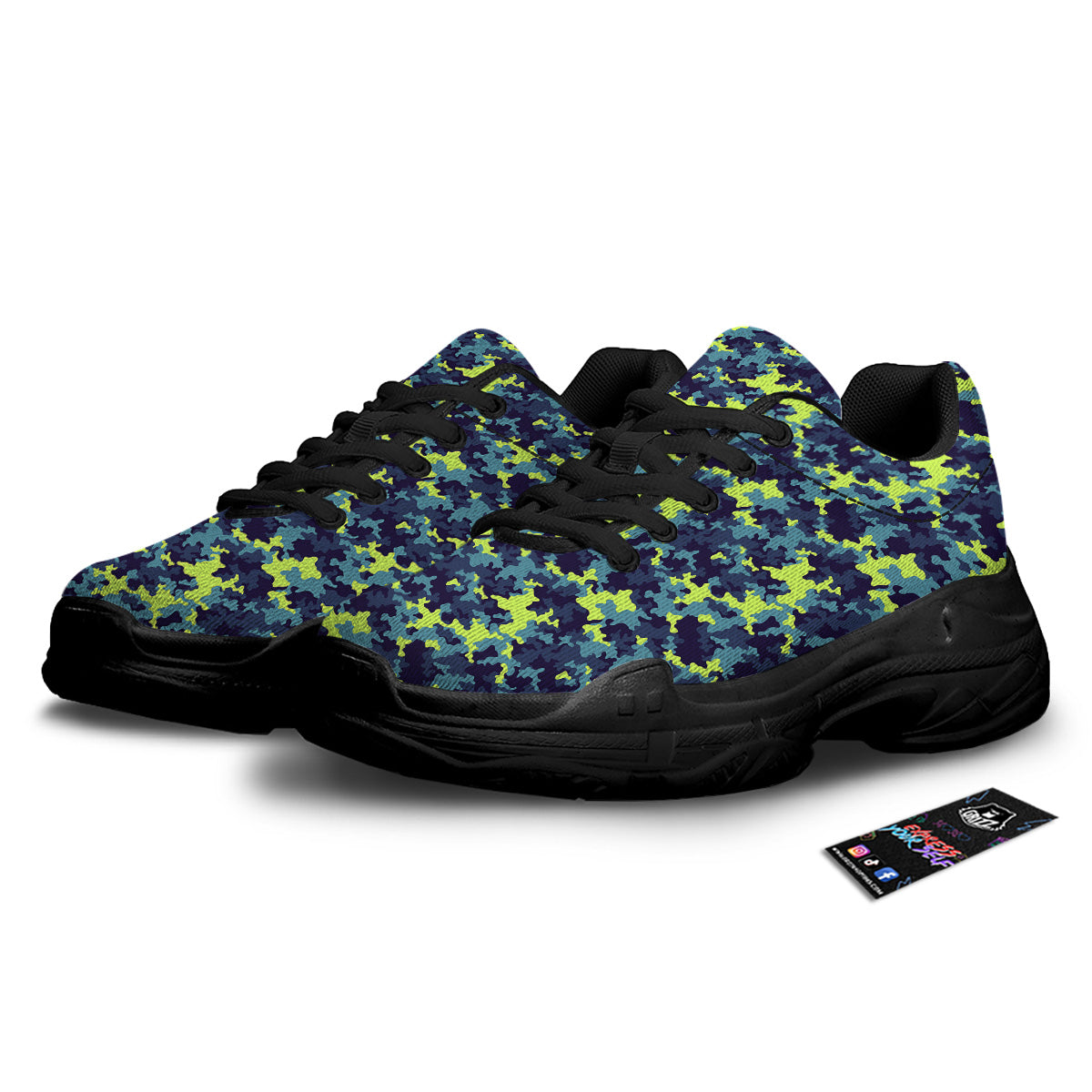 Camouflage Blue And Neon Green Print Pattern Black Chunky Shoes-grizzshop