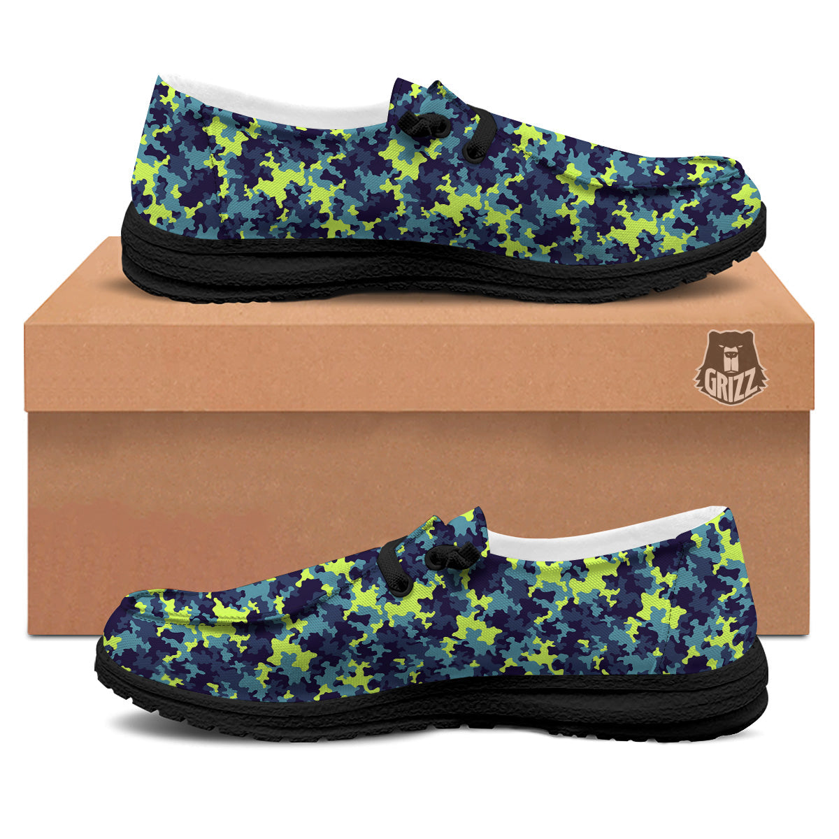 Camouflage Blue And Neon Green Print Pattern Black Loafers-grizzshop