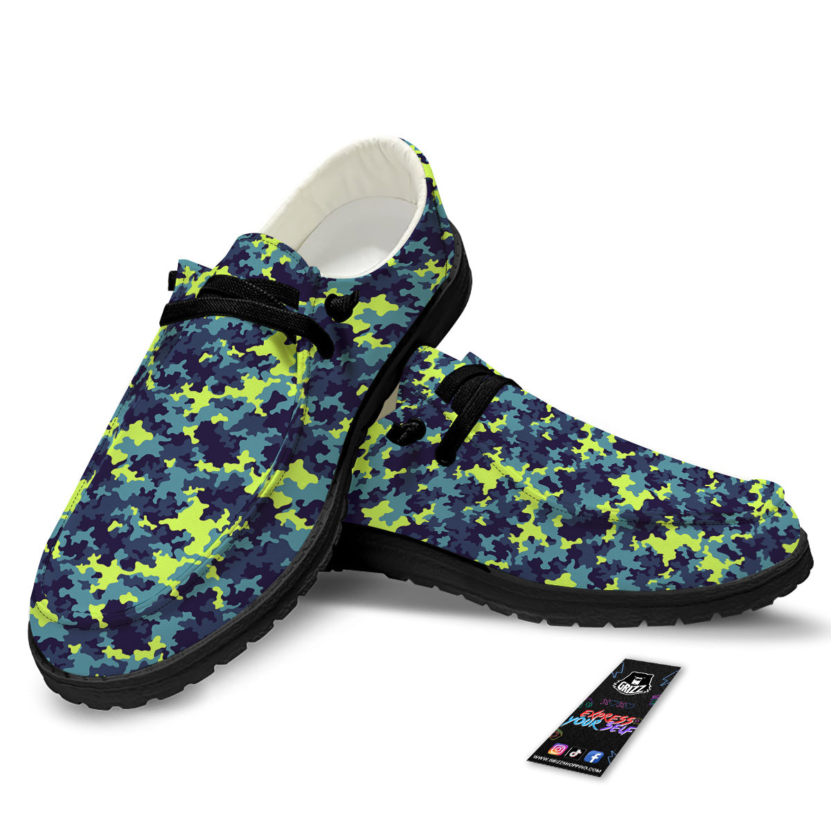 Camouflage Blue And Neon Green Print Pattern Black Loafers-grizzshop