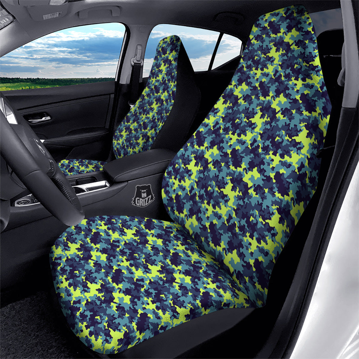 Camouflage Blue And Neon Green Print Pattern Car Seat Covers-grizzshop