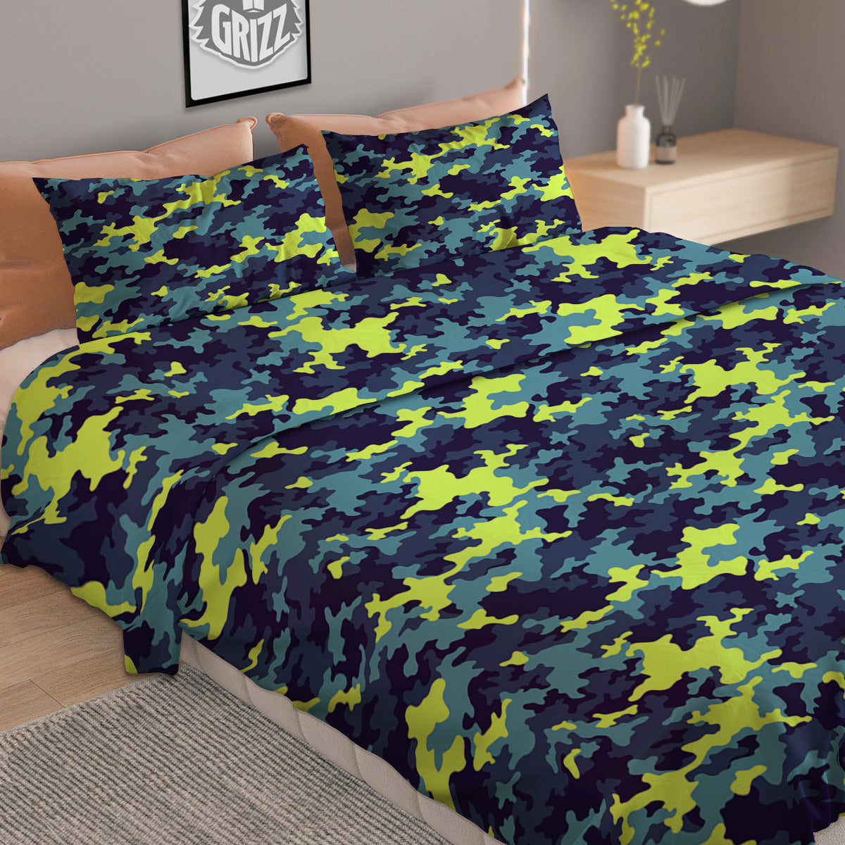 Camouflage Blue And Neon Green Print Pattern Duvet Cover Bedding Set