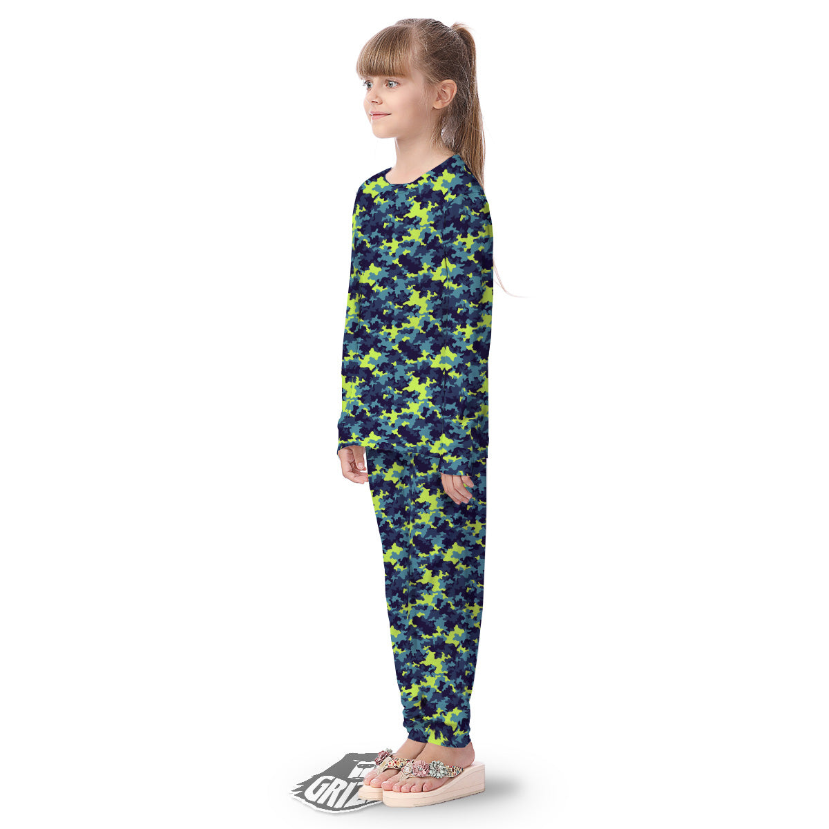 Camouflage Blue And Neon Green Print Pattern Kid's Pajamas-grizzshop