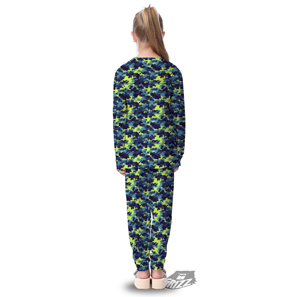Camouflage Blue And Neon Green Print Pattern Kid's Pajamas-grizzshop