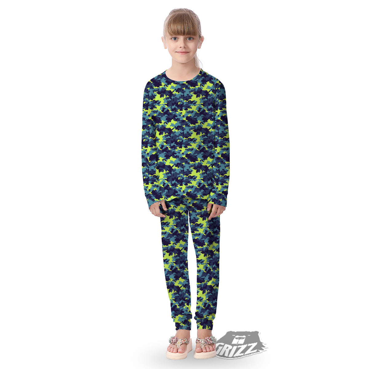 Camouflage Blue And Neon Green Print Pattern Kid's Pajamas-grizzshop