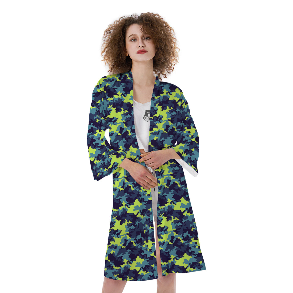 Camouflage Blue And Neon Green Print Pattern Kimono-grizzshop