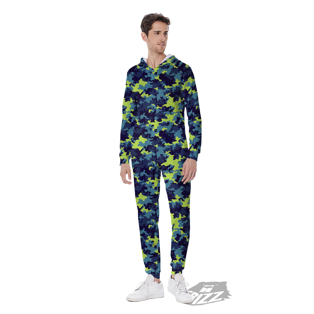 Camouflage Blue And Neon Green Print Pattern Men's Jumpsuit-grizzshop