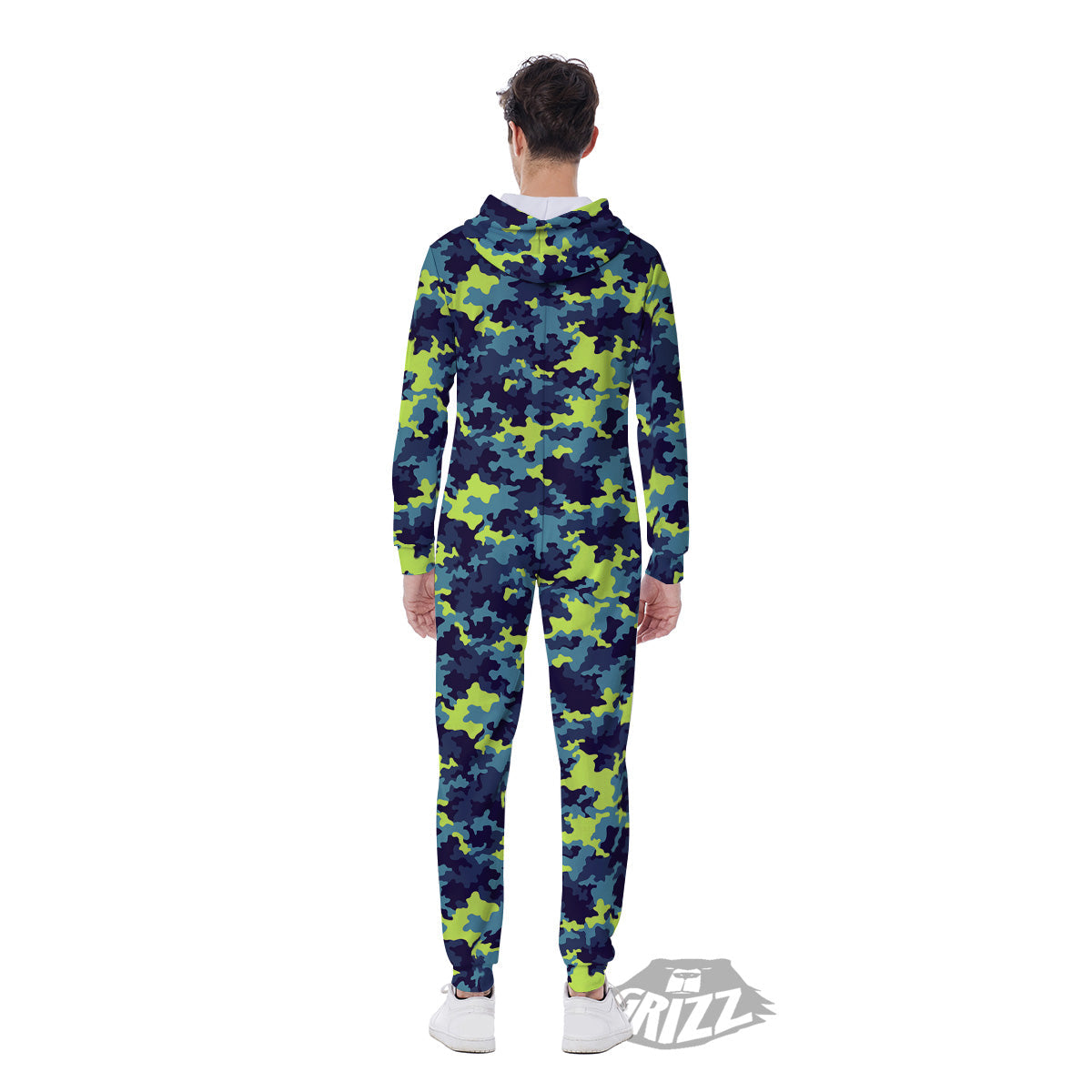 Camouflage Blue And Neon Green Print Pattern Men's Jumpsuit-grizzshop
