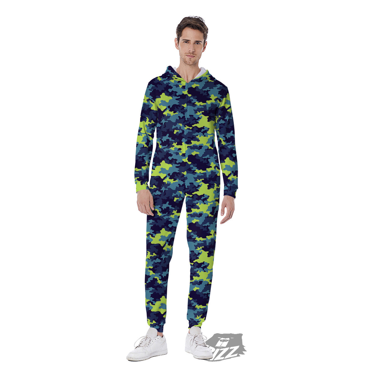 Camouflage Blue And Neon Green Print Pattern Men's Jumpsuit-grizzshop