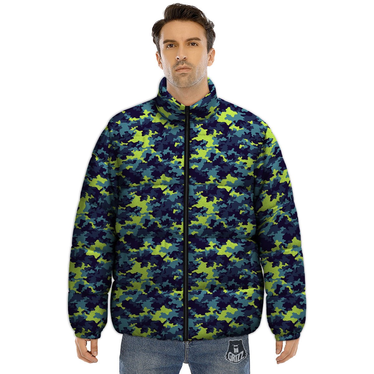 Camouflage Blue And Neon Green Print Pattern Puffer Jacket-grizzshop