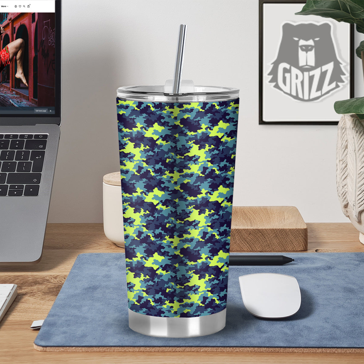 Camouflage Blue And Neon Green Print Pattern Tumbler-grizzshop
