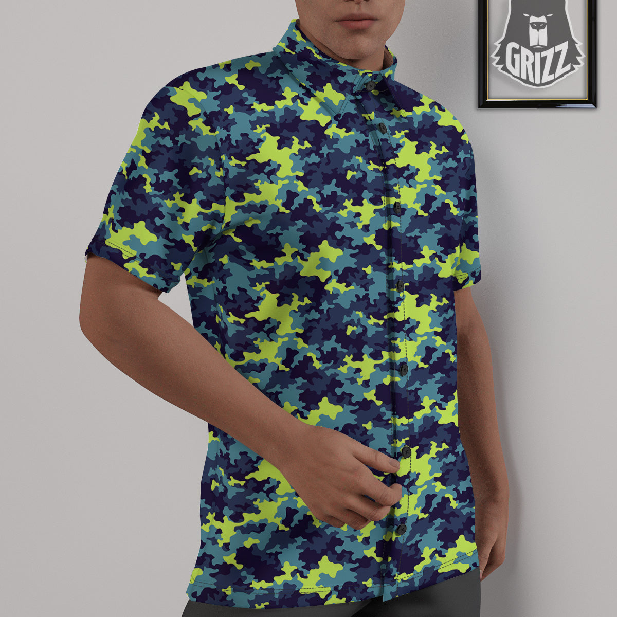 Camouflage Blue And Neon Green Print Pattern Untucked Shirts-grizzshop