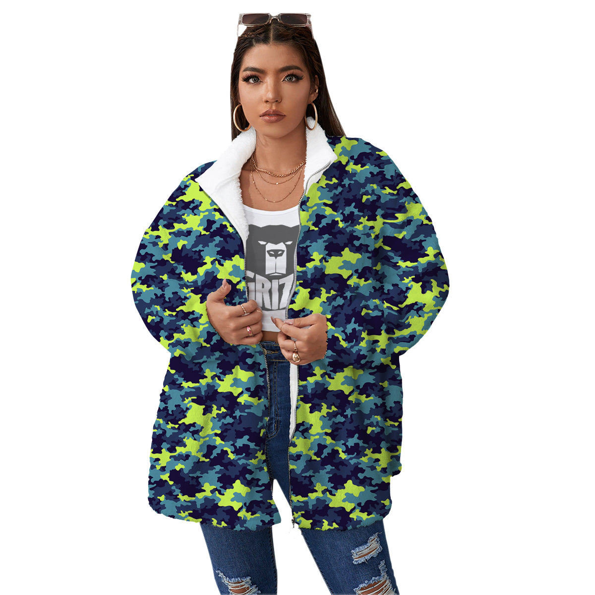 Camouflage Blue And Neon Green Print Pattern Women's Sherpa Jacket-grizzshop
