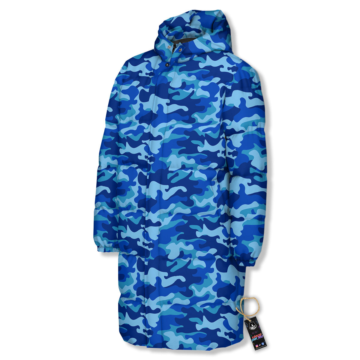 Camouflage Blue Print Long Down Jacket-grizzshop