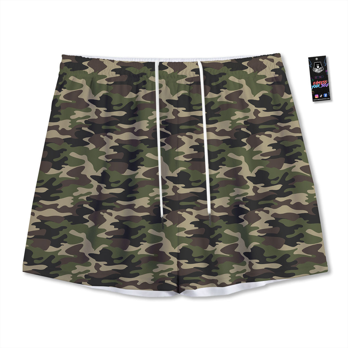 Camouflage Brown And Green Print Mesh Shorts