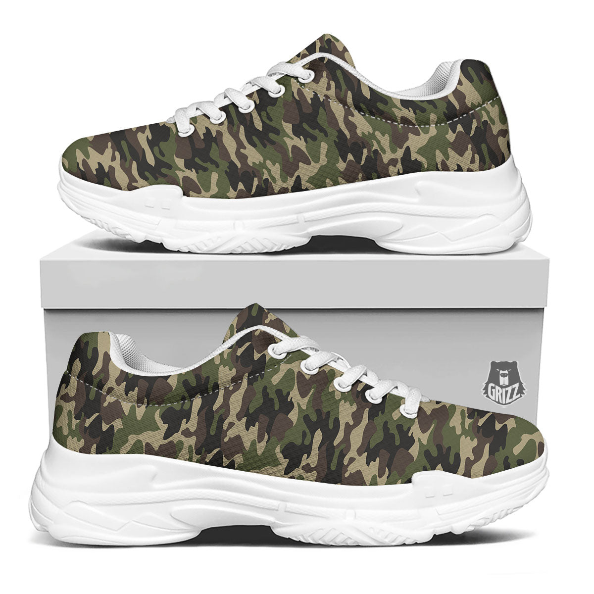 Camouflage Brown And Green Print White Chunky Shoes-grizzshop