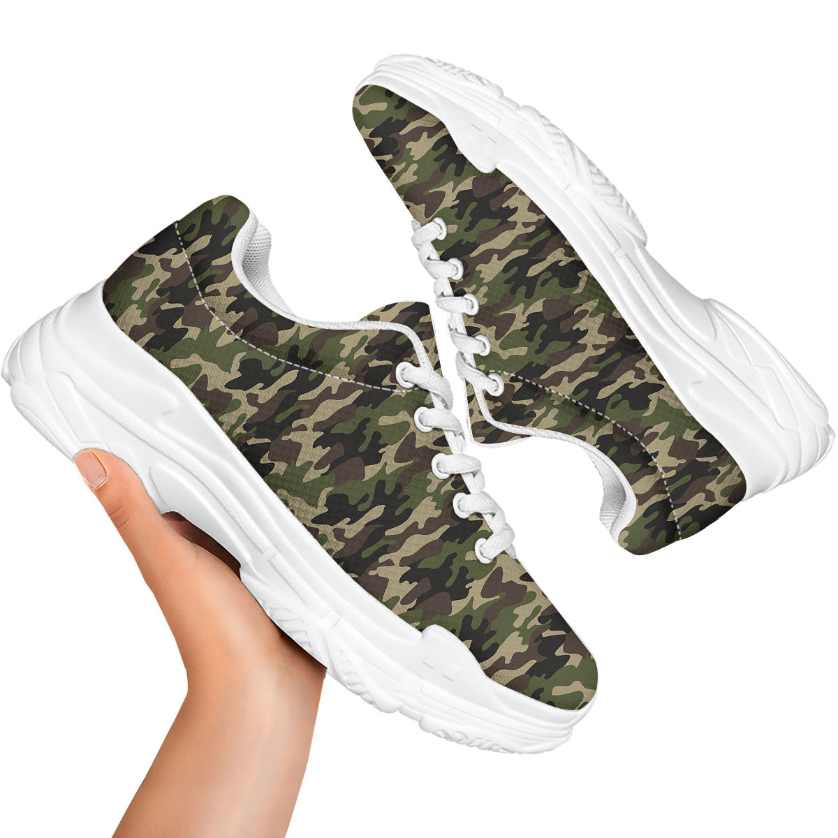 Camouflage Brown And Green Print White Chunky Shoes-grizzshop