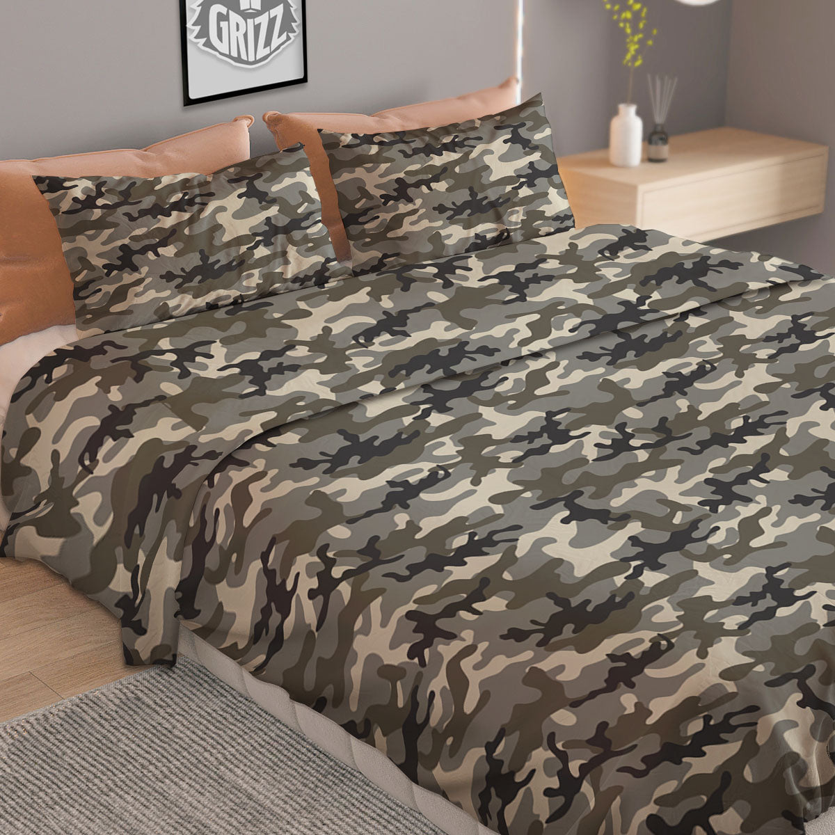 Camouflage Brown And Grey Print Duvet Cover Bedding Set