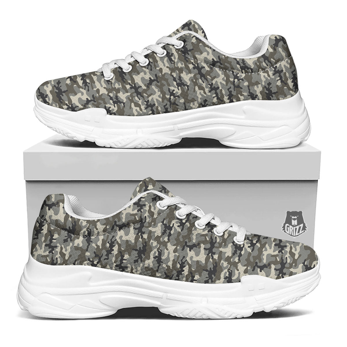 Camouflage Brown And Grey Print White Chunky Shoes-grizzshop