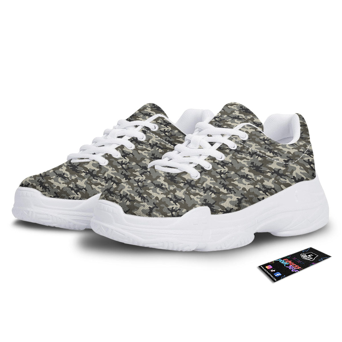 Camouflage Brown And Grey Print White Chunky Shoes-grizzshop