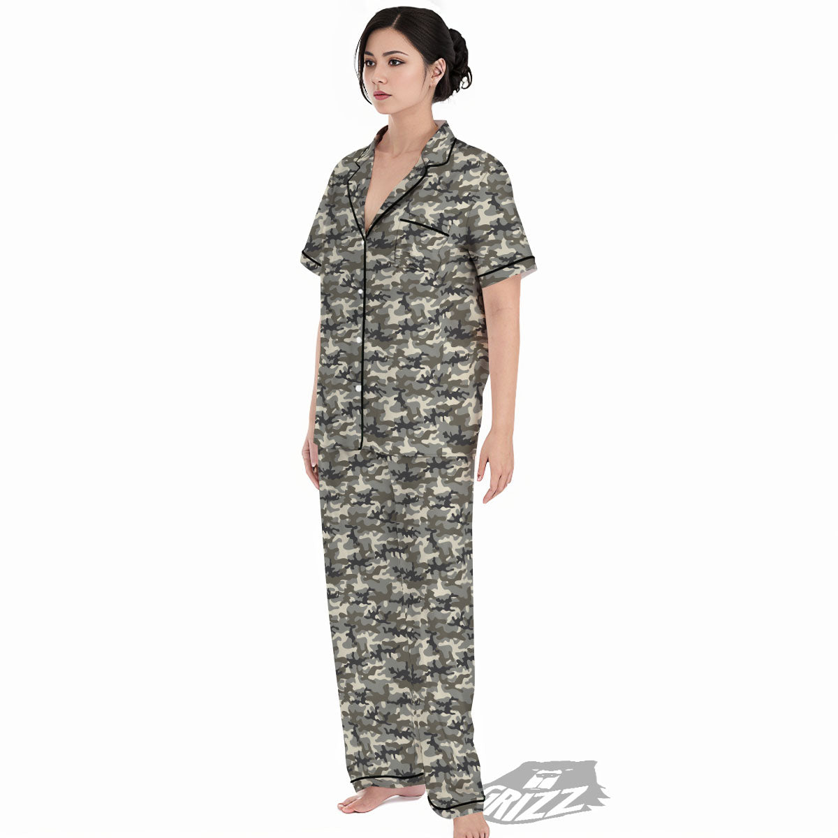 Camouflage Brown And Grey Print Women's Pajamas Set-grizzshop