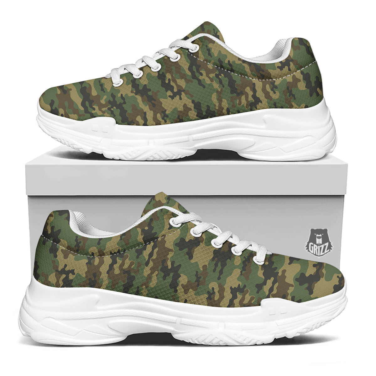 Camouflage Classic Green Print White Chunky Shoes-grizzshop
