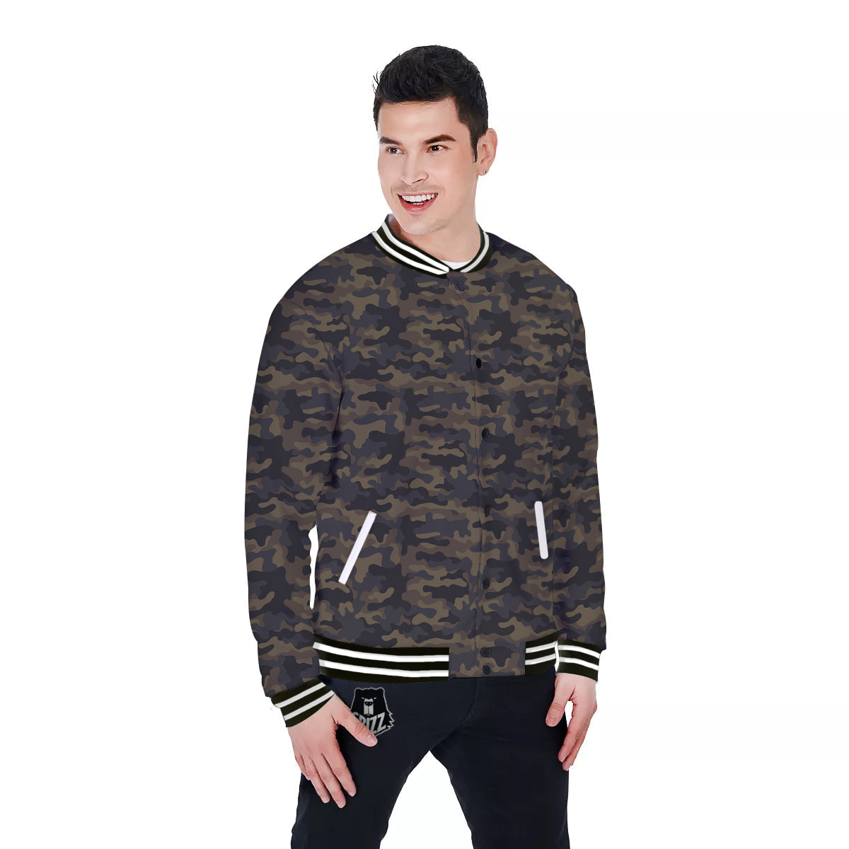 Camouflage Dark Brown Print Baseball Jacket-grizzshop