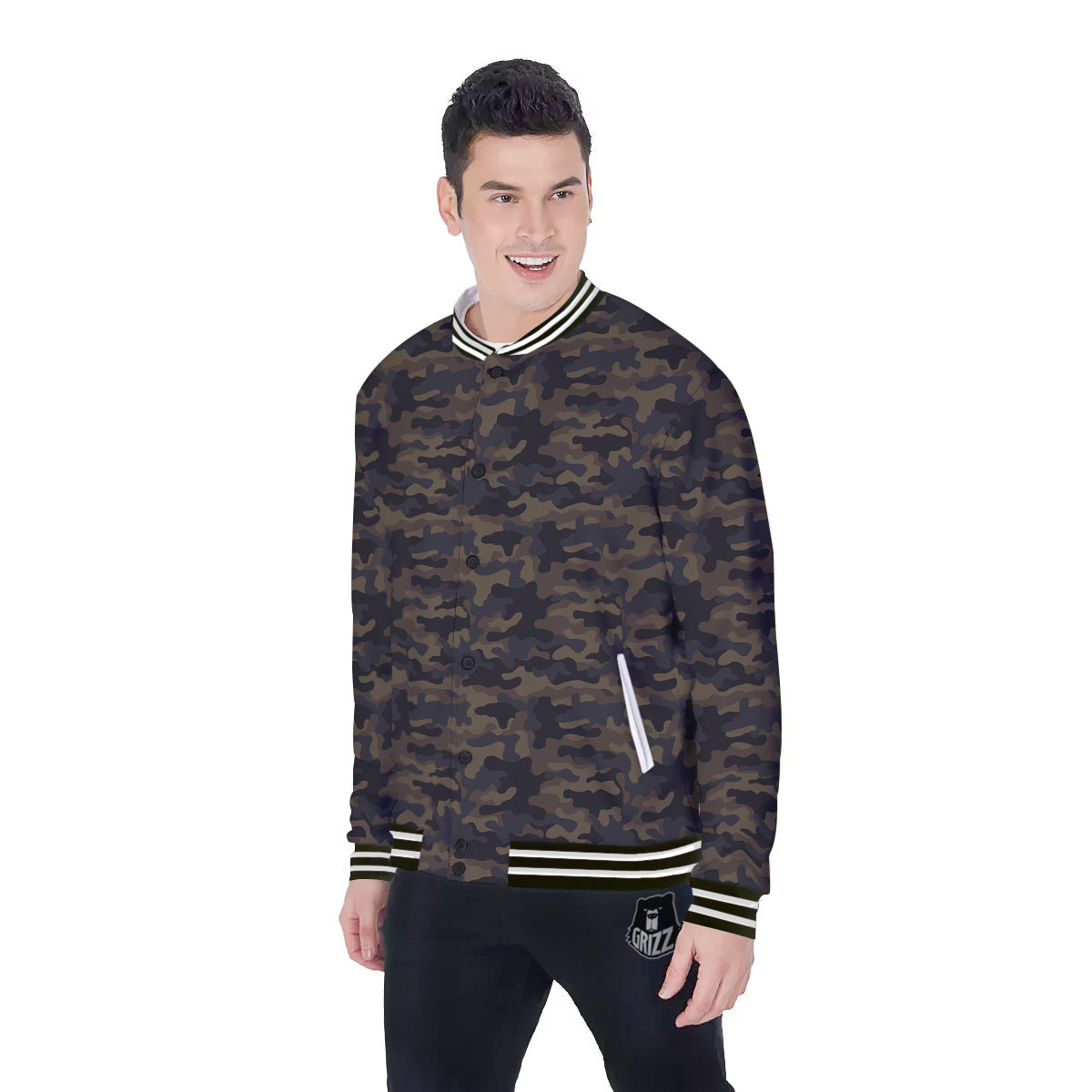 Camouflage Dark Brown Print Baseball Jacket-grizzshop