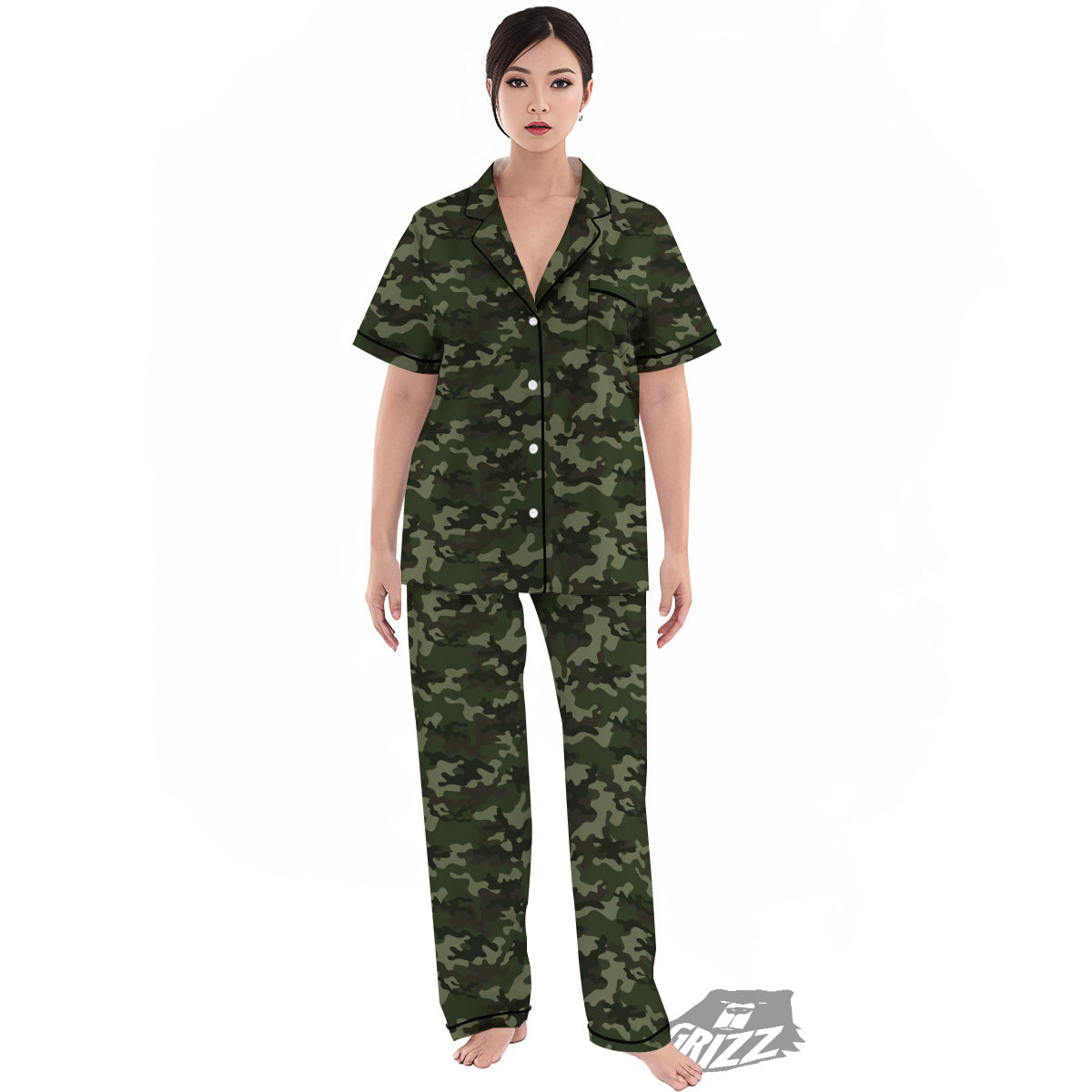 Camouflage Dark Green Print Women's Pajamas Set-grizzshop