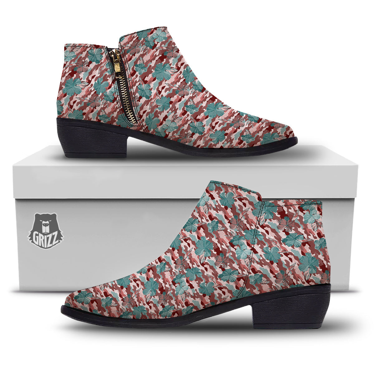 Camouflage Flower Colorful Aloha Print Ankle Boots-grizzshop