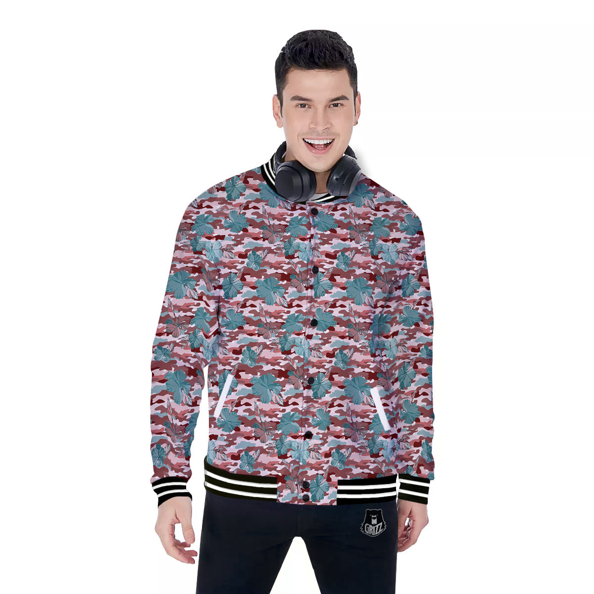 Camouflage Flower Colorful Aloha Print Baseball Jacket-grizzshop