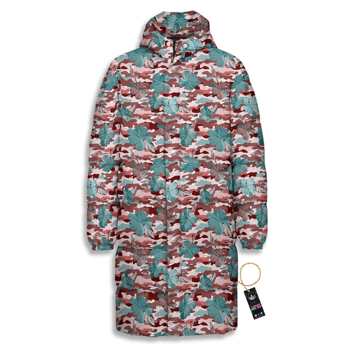 Camouflage Flower Colorful Aloha Print Long Down Jacket-grizzshop