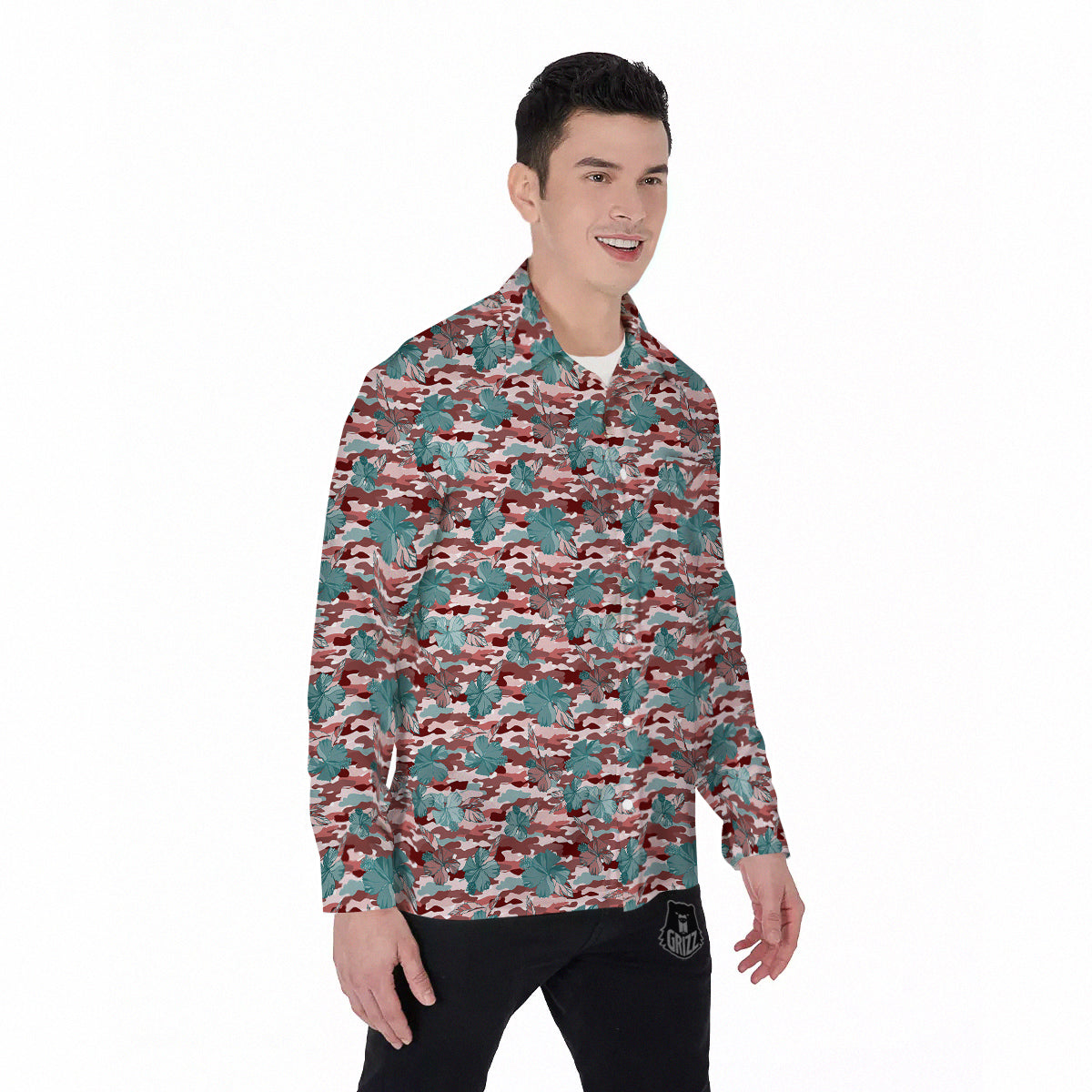 Camouflage Flower Colorful Aloha Print Men's Long Sleeve Shirts-grizzshop