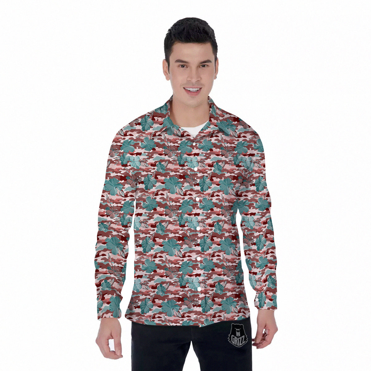 Camouflage Flower Colorful Aloha Print Men's Long Sleeve Shirts-grizzshop