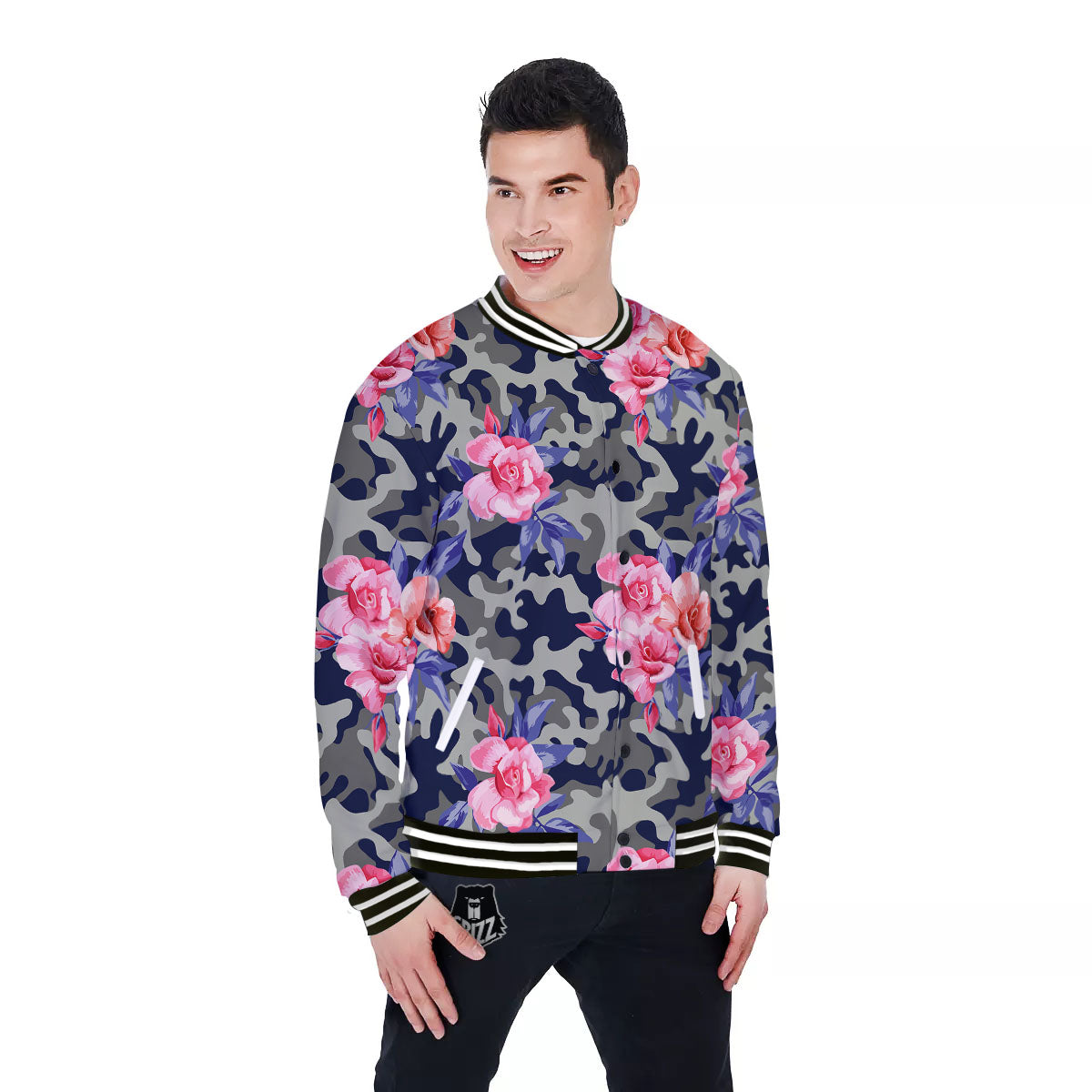 Camouflage Flower Pink Rose Print Baseball Jacket-grizzshop