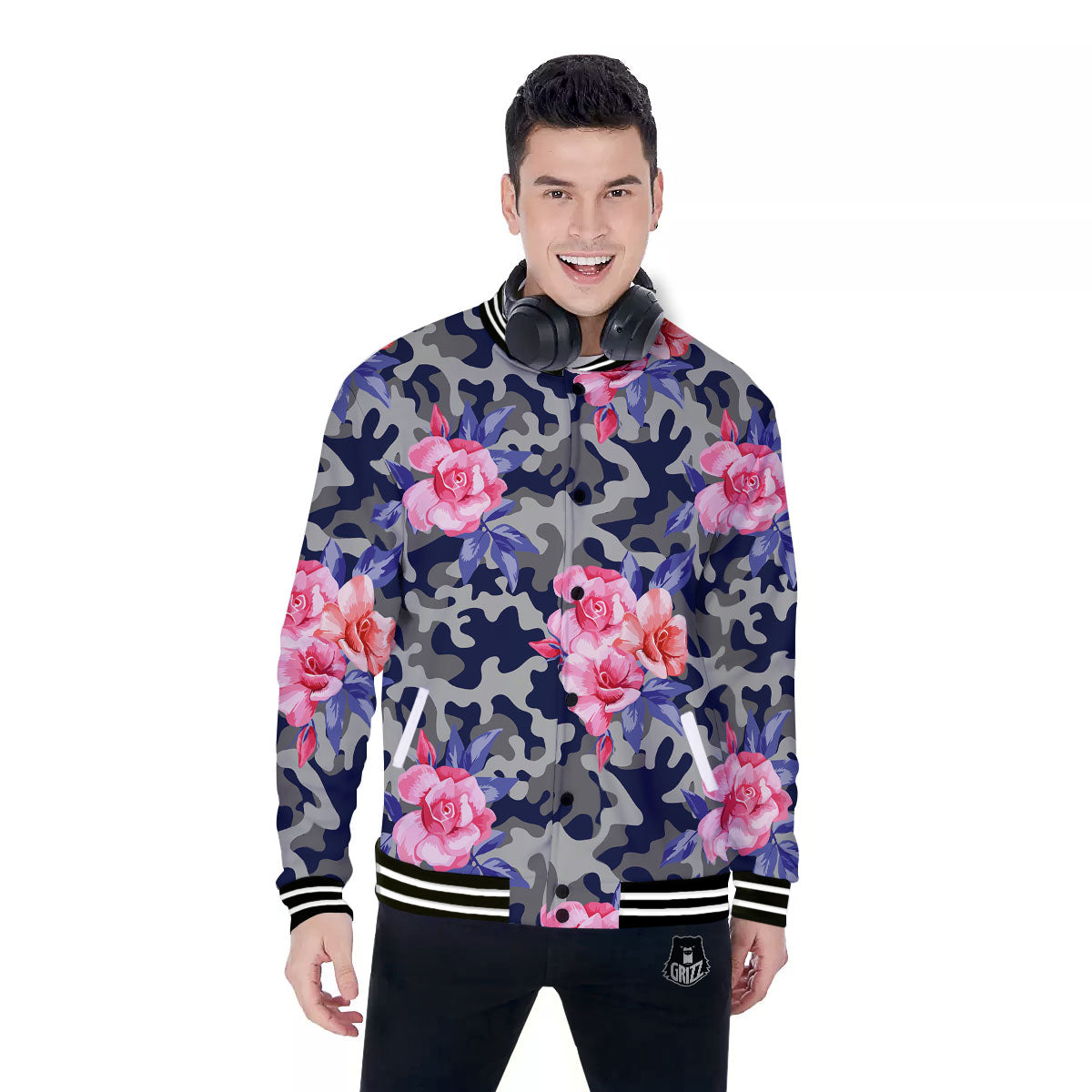 Camouflage Flower Pink Rose Print Baseball Jacket-grizzshop