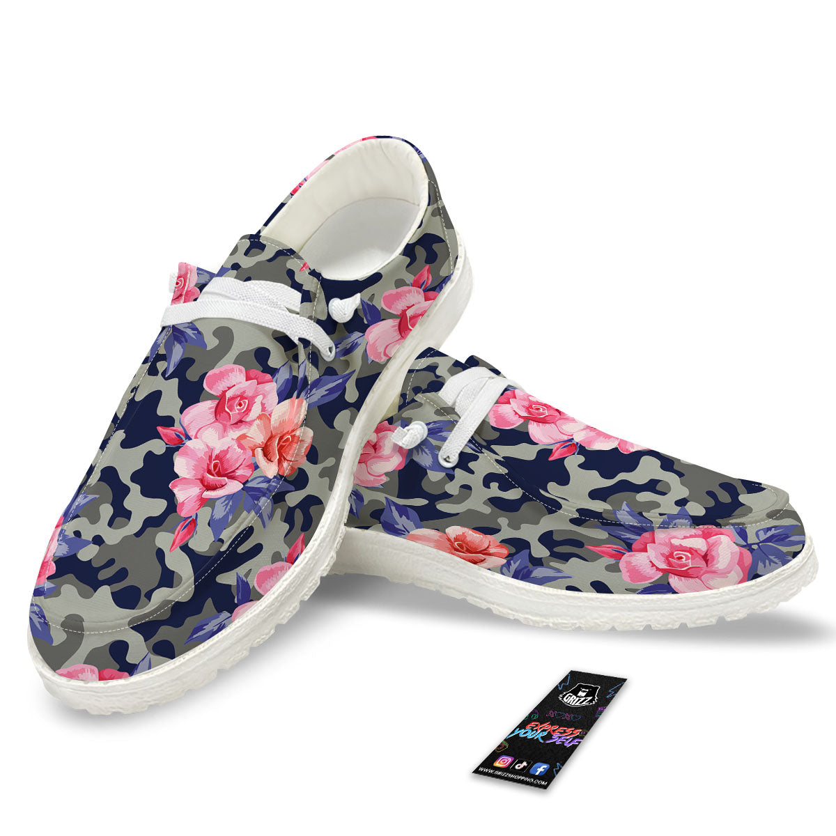 Camouflage Flower Pink Rose Print Black Loafers-grizzshop