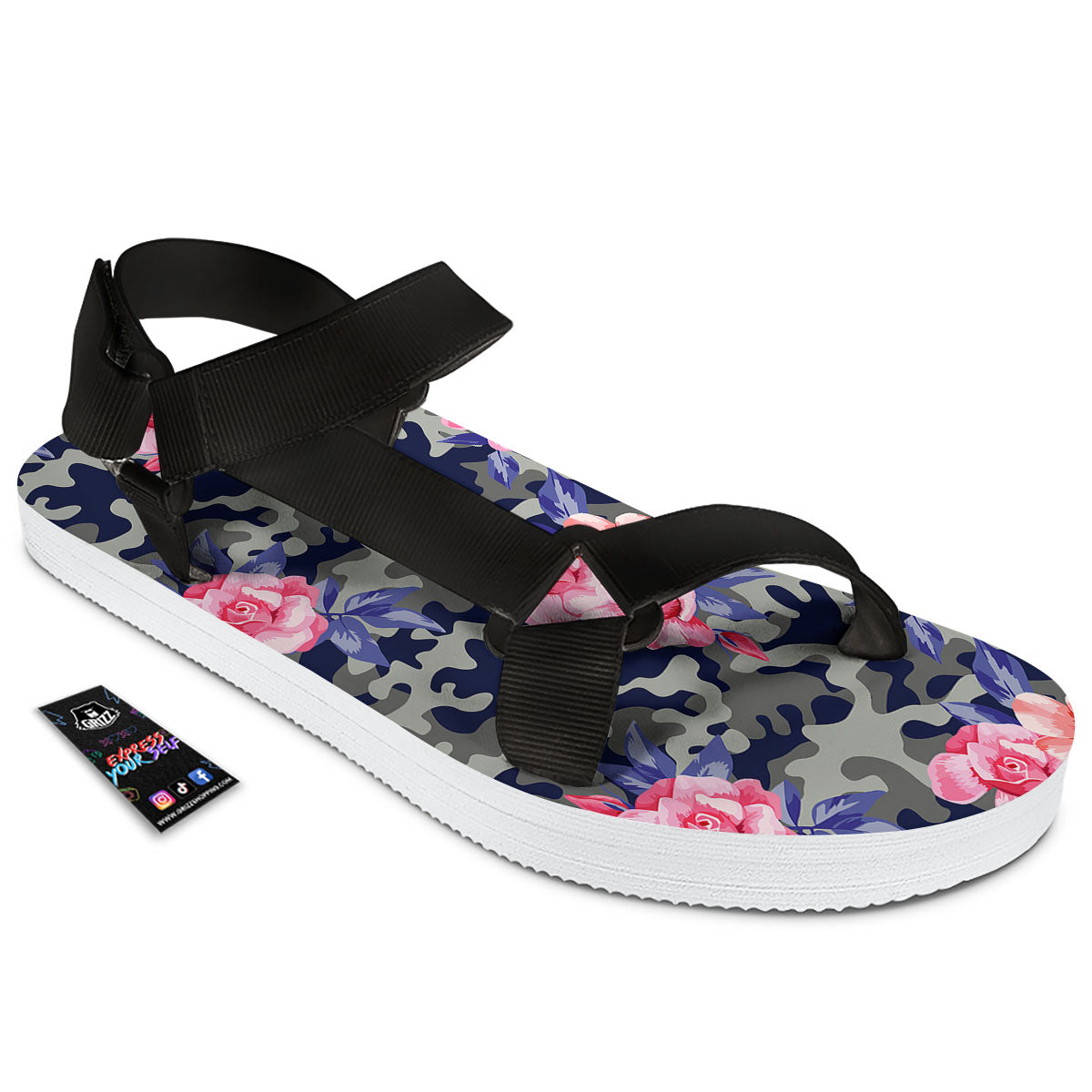 Camouflage Flower Pink Rose Print Black Open Toe Sandals-grizzshop