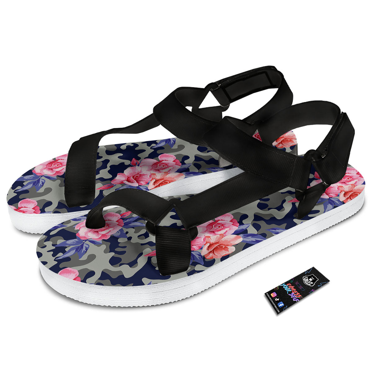 Camouflage Flower Pink Rose Print Black Open Toe Sandals-grizzshop