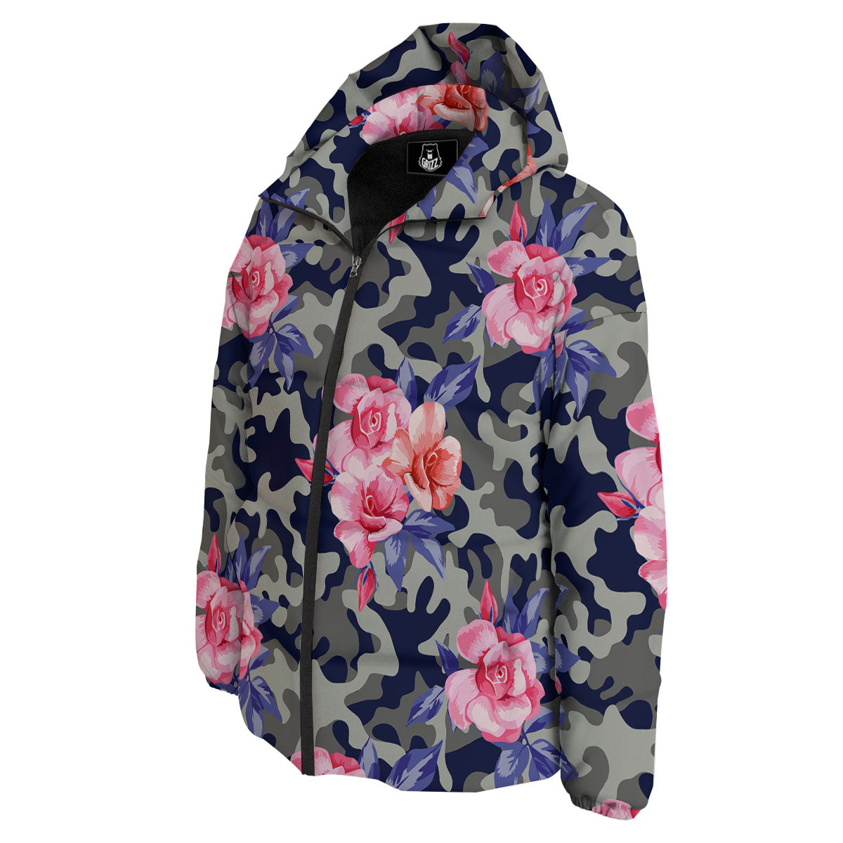 Camouflage Flower Pink Rose Print Down Jacket-grizzshop