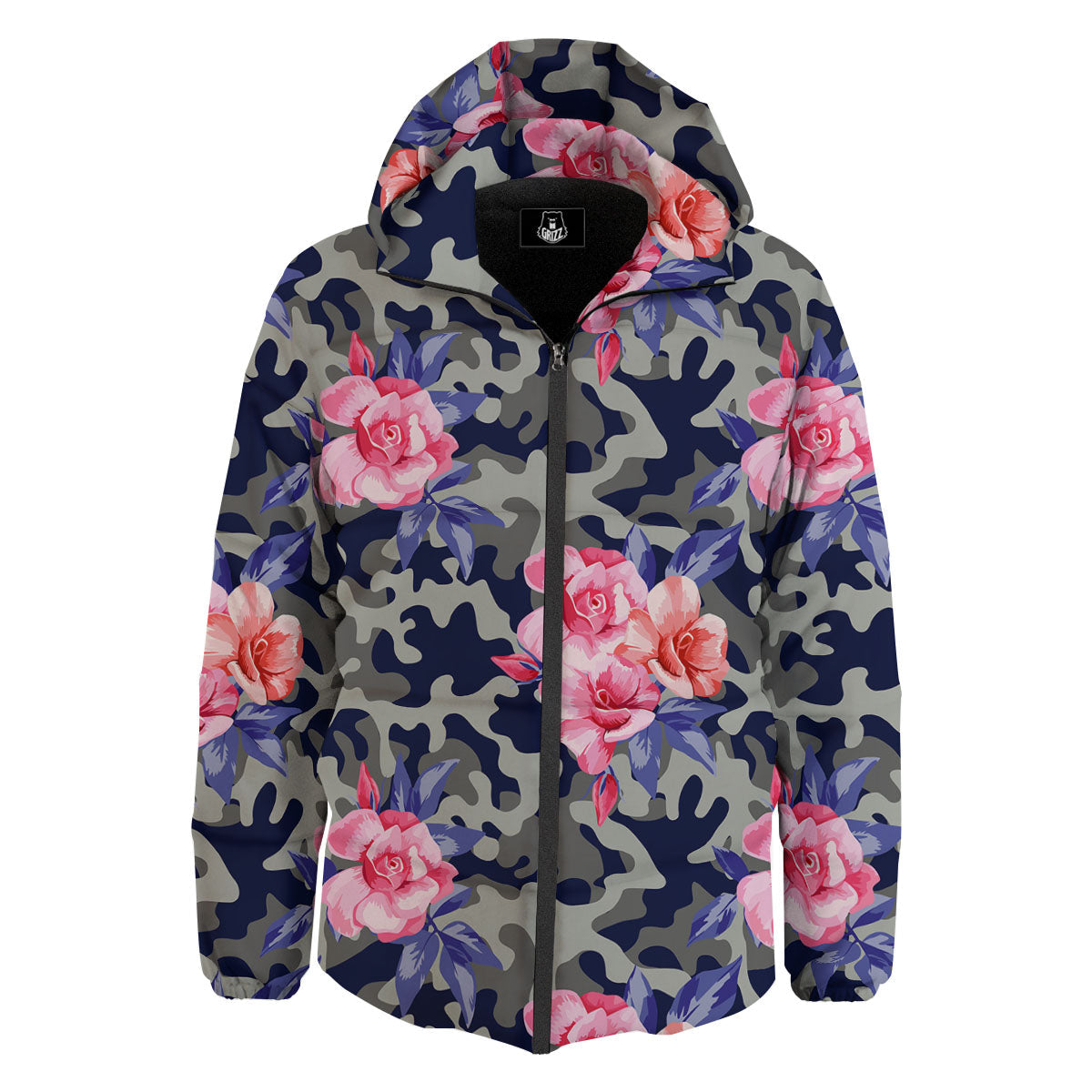 Camouflage Flower Pink Rose Print Down Jacket-grizzshop