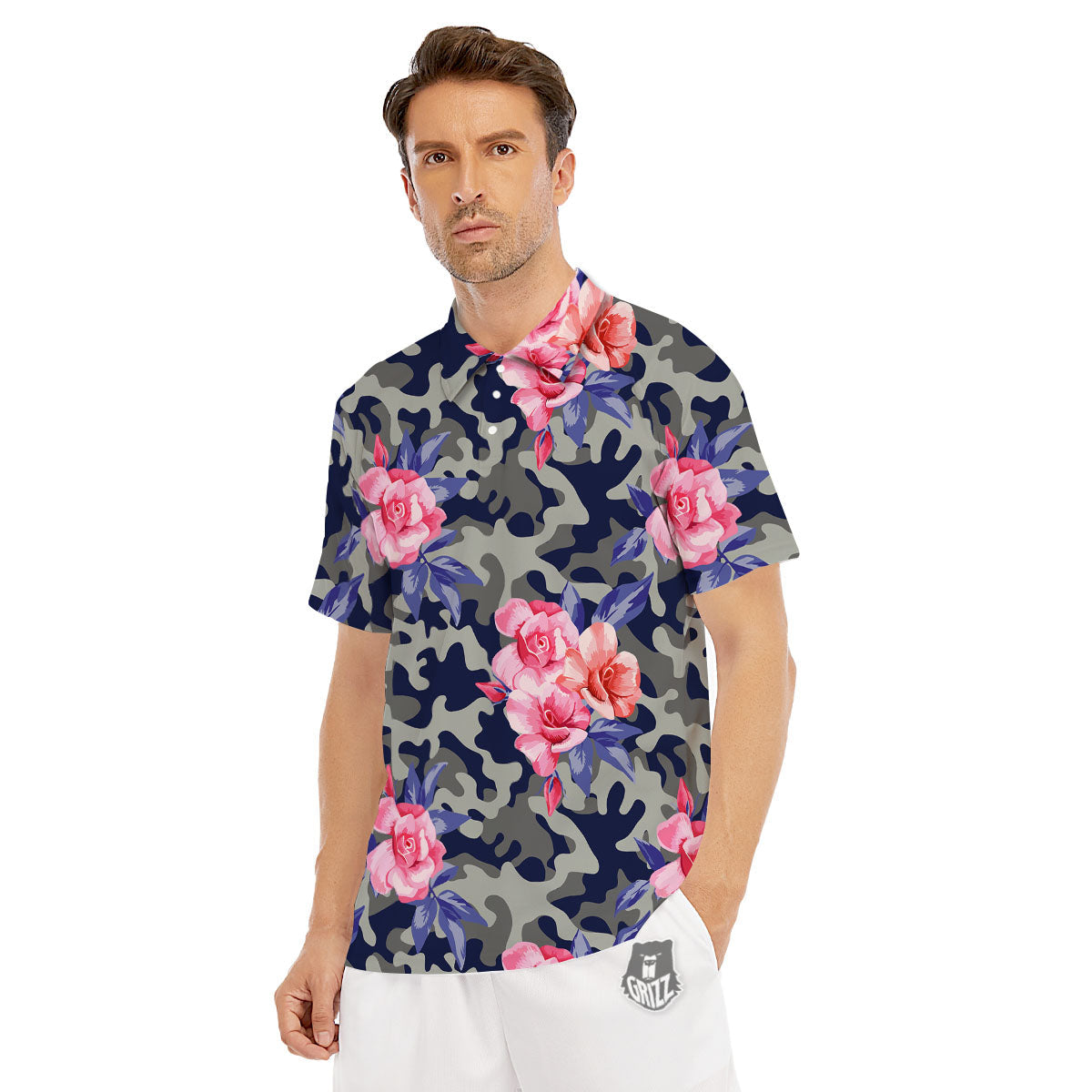 Camouflage Flower Pink Rose Print Men's Golf Shirts-grizzshop
