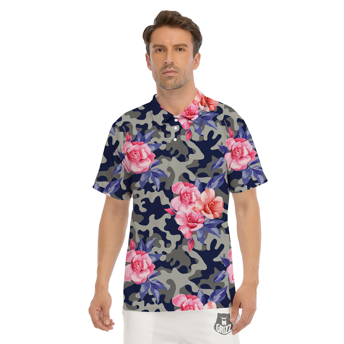 Camouflage Flower Pink Rose Print Men's Golf Shirts-grizzshop