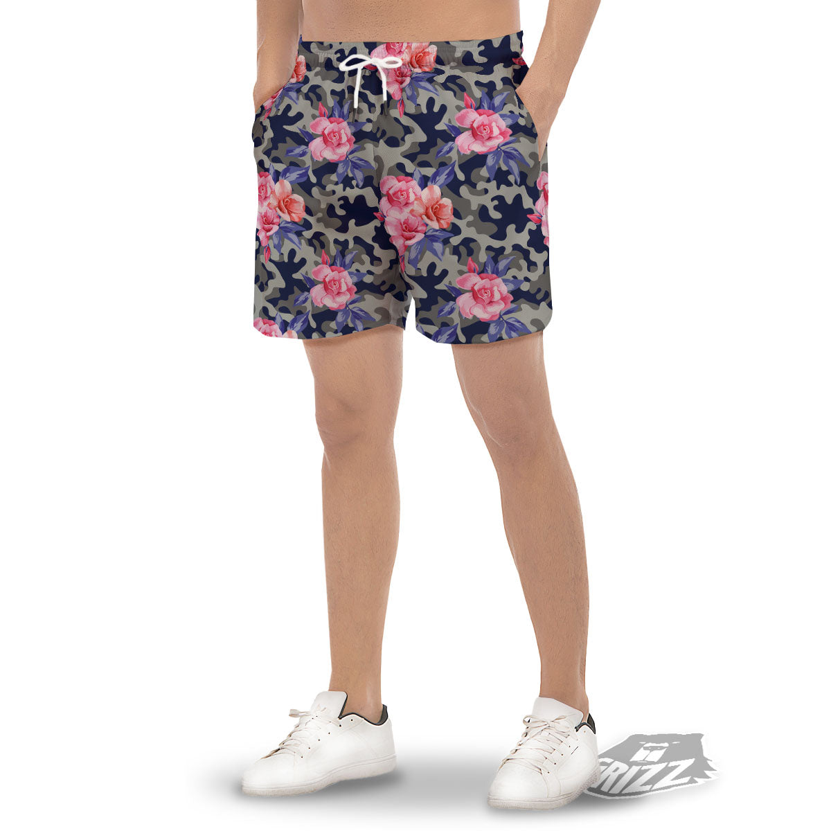 Camouflage Flower Pink Rose Print Men's Gym Shorts-grizzshop