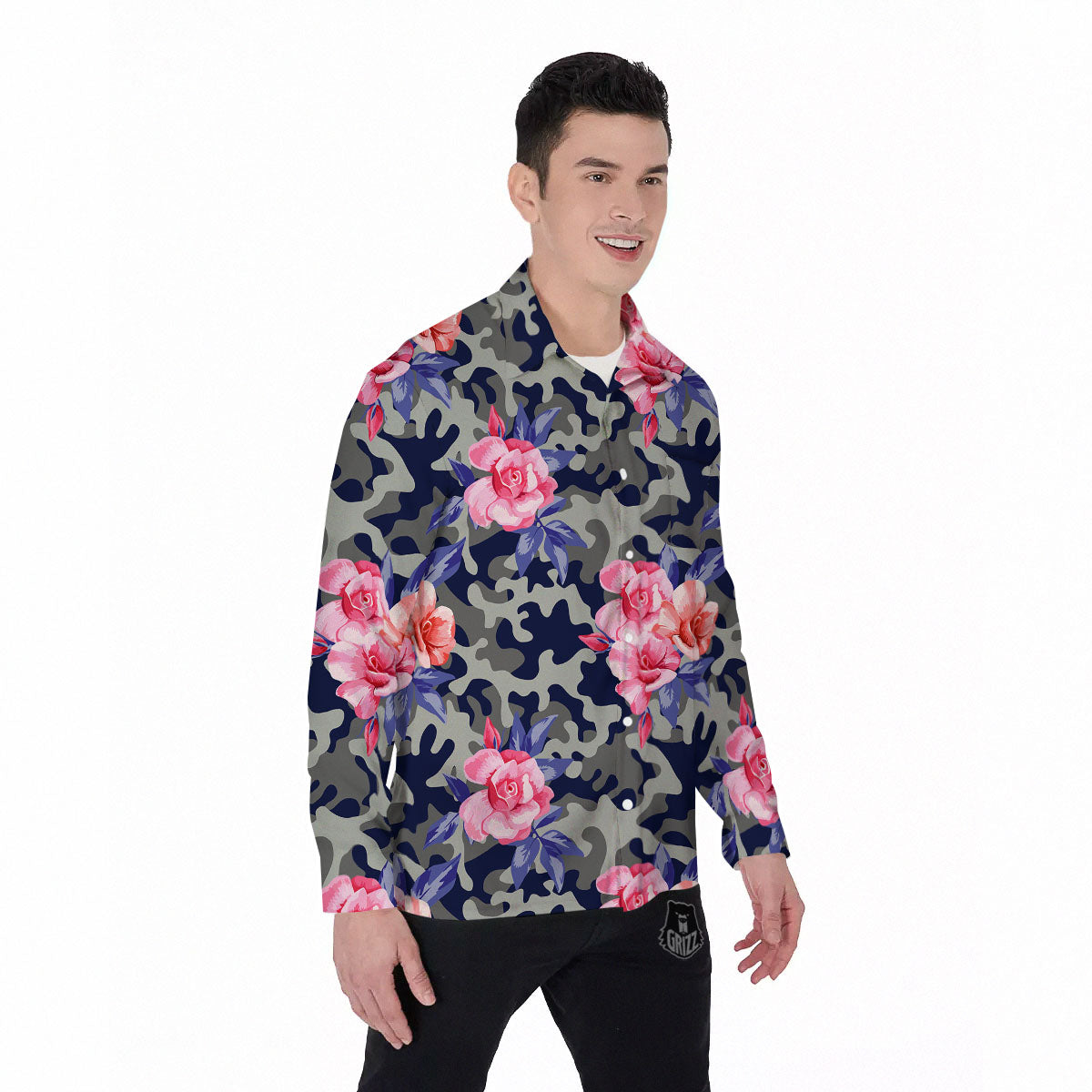 Camouflage Flower Pink Rose Print Men's Long Sleeve Shirts-grizzshop