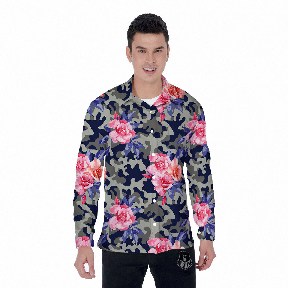 Camouflage Flower Pink Rose Print Men's Long Sleeve Shirts-grizzshop