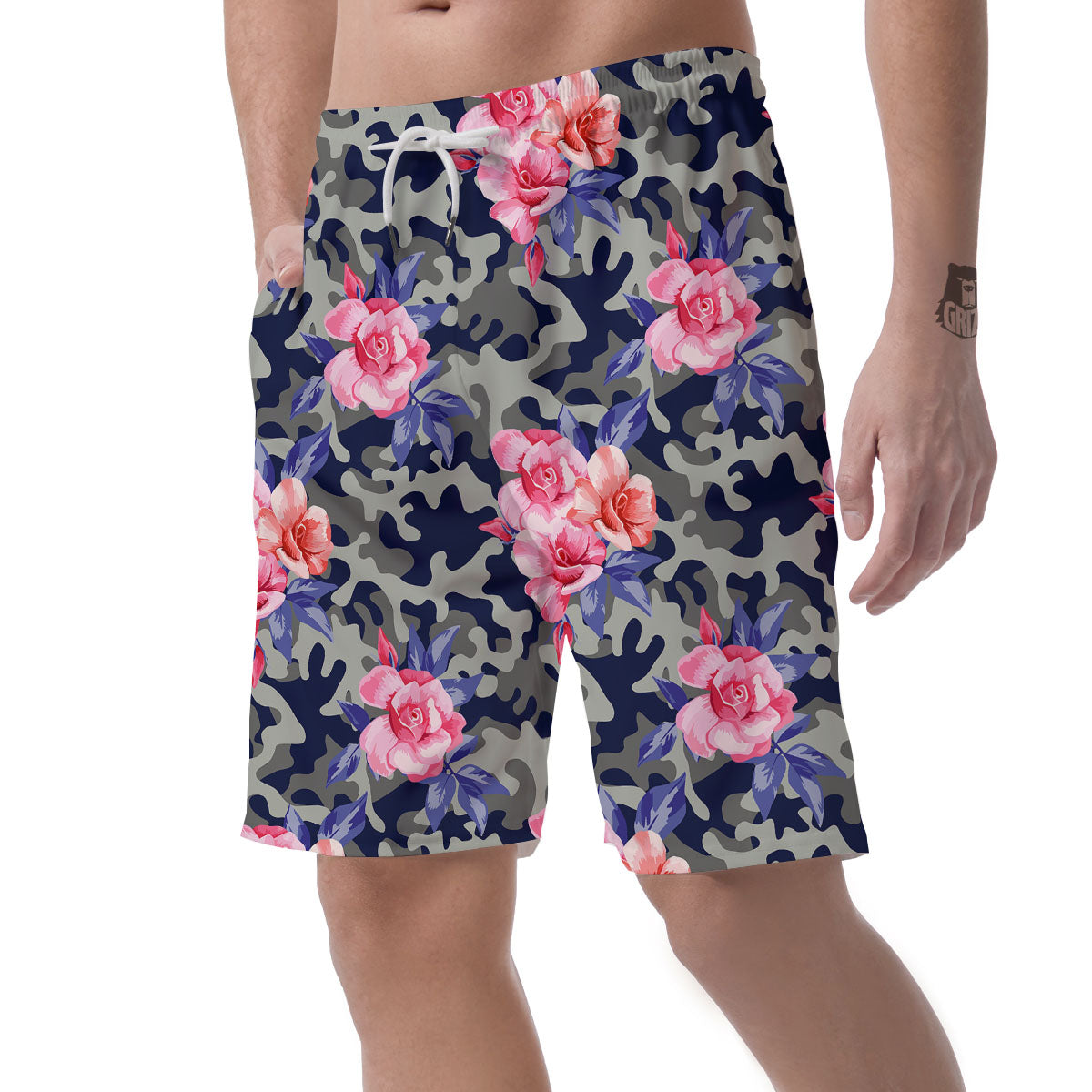 Camouflage Flower Pink Rose Print Men's Shorts-grizzshop
